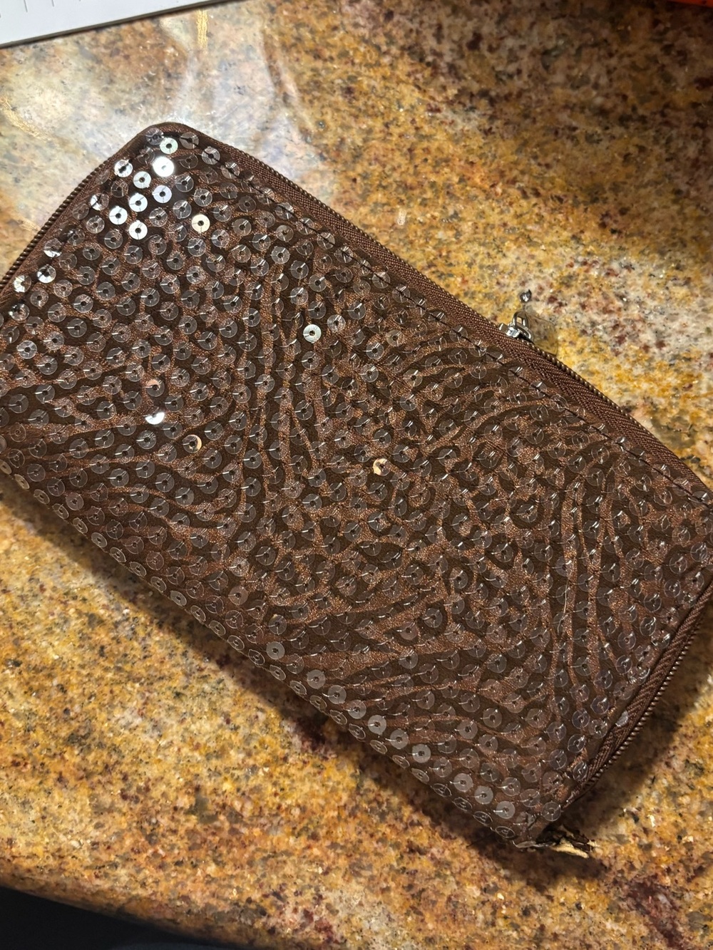 Sequin-Embellished Brown Zip Wallet